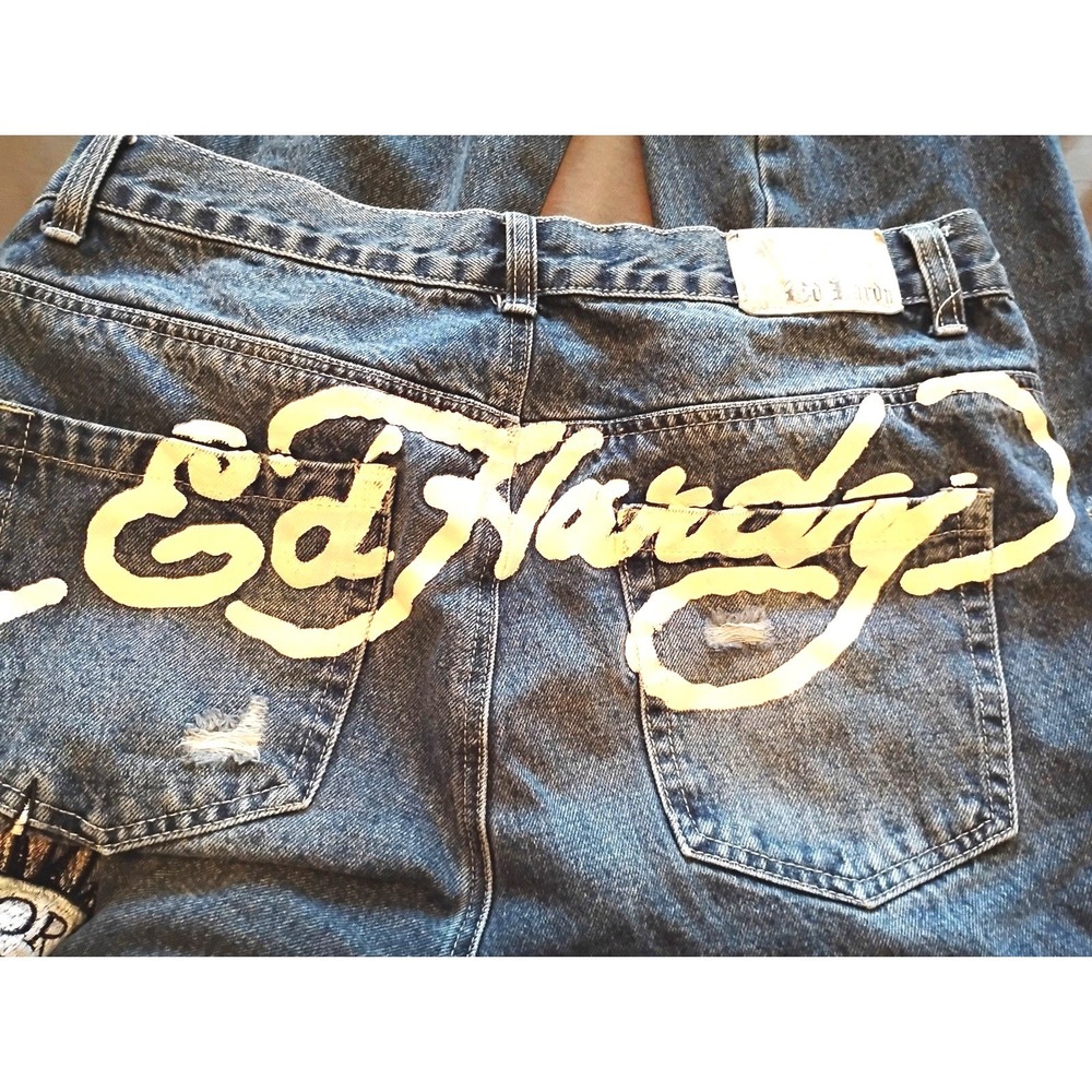 Vintage Ed Hardy NYC Embroidered Jeans 36x29 Y2K Streetwear Distressed Denim - Picture 6 of 8
